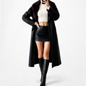 Vintage Y2K Black Leather Shoulder Padded Button Front Coat Jacket Size M